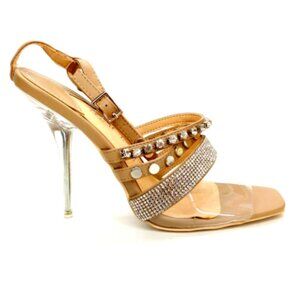 Mackin J Womens Ankle Strap Sandal Taupe Embellished Buckle Stiletto Heels 8 New